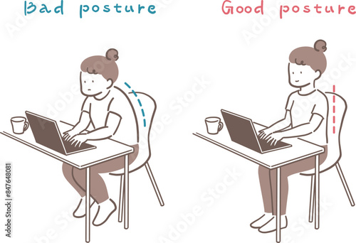 パソコンを使っている姿勢が良い女性と悪い女性のイラスト素材