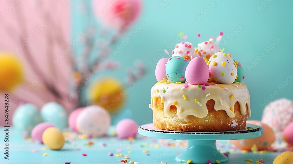 Easter cake and painted eggs isolated on colorful background Easter cake and painted eggs isolated on colorful background