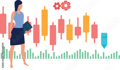 The girl is looking at the candlestick graph.