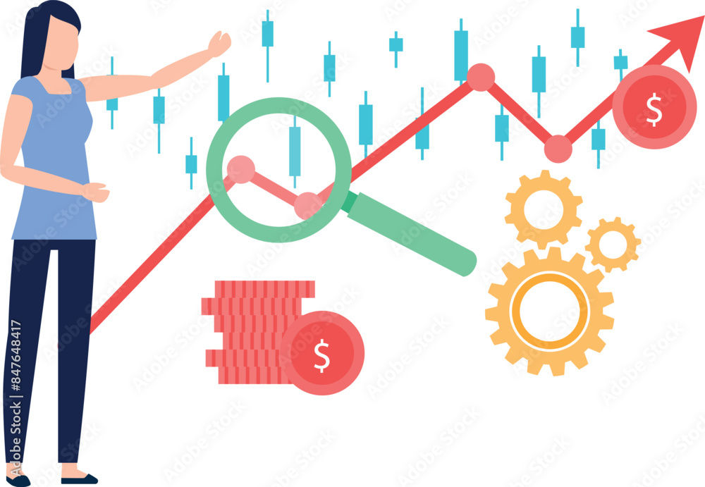 The girl is pointing at the finance graph. The girl is pointing at the finance graph.
