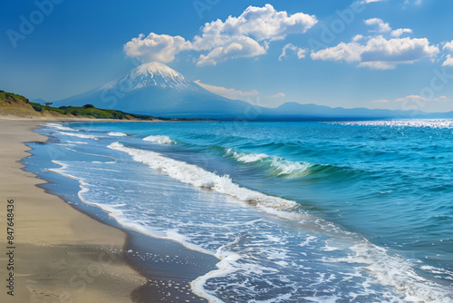 明るく青い快晴の空、波が打ち寄せる海岸・浜辺と富士山の風景素材