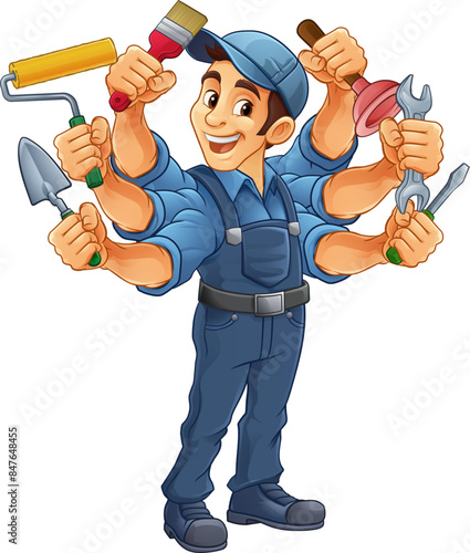 A handyman cartoon handy man caretaker construction worker or maintenance man multitasking caretaker concept.