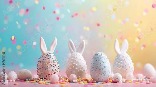 easter eggs and bunnies with bright colorful dragee and sugar sprinkles or confetti isolated on colorful background photo
