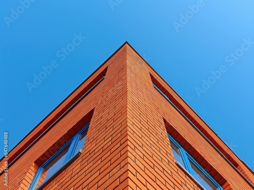 Red brick building on blue sky background, business center © Squtye