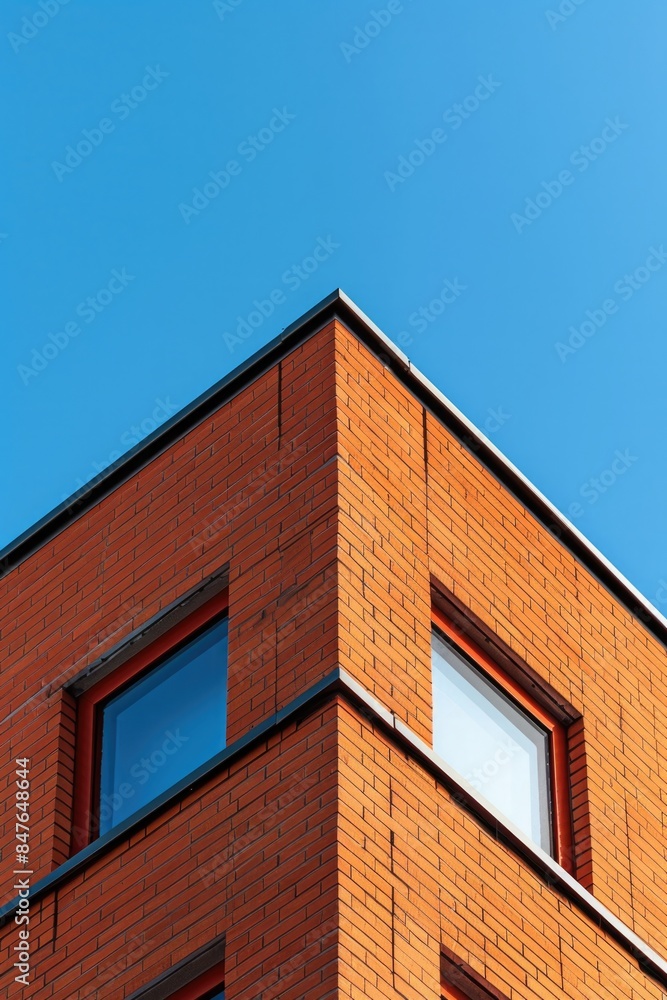 Red brick building on blue sky background, business center Red brick building on blue sky background, business center