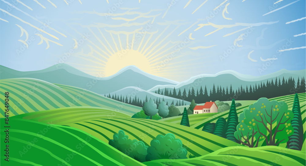 Rolling hills, fields and farm or vineyards background illustration. Forests and mountains in the background. Rolling hills, fields and farm or vineyards background illustration. Forests and mountains in the background.