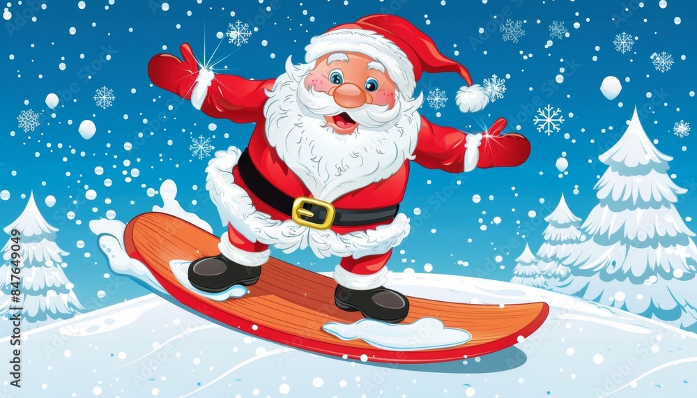 Santa claus surfing on christmas themed poster with ample space for customized text Santa claus surfing on christmas themed poster with ample space for customized text