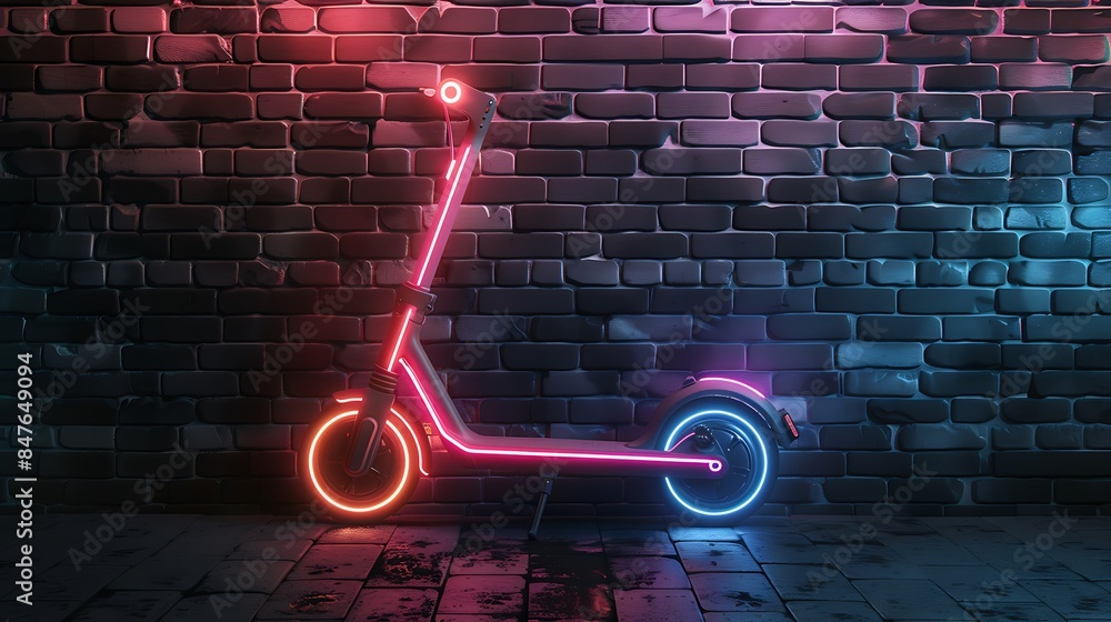 Electric scooter sign with glowing neon colorful lighting on black brick wall Electric scooter sign with glowing neon colorful lighting on black brick wall