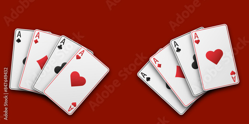 Casino or poker concept. Fan of hand playing cards. Red playing table. Aces with the suit of hearts, clubs, diamonds and spades. Vetor illustration.