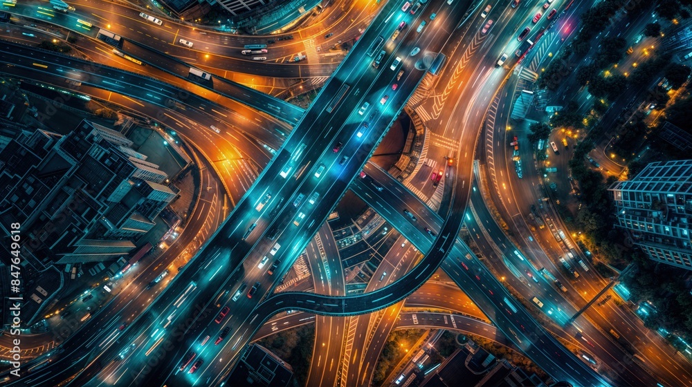An aerial view of a city highway intersection at night, with cars driving through the complex network of roads. The scene is illuminated by the bright headlights of the vehicles