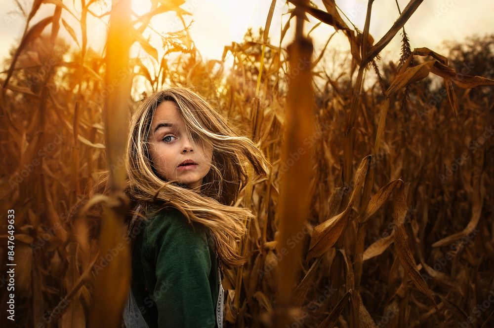 Up close portrait beautiful young girl playing golden corn field Stock ...