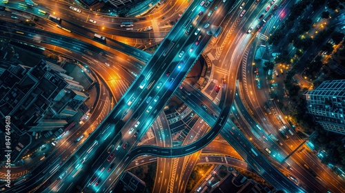 Obraz na płótnie An aerial view of a city highway intersection at night, with cars driving through the complex network of roads. The scene is illuminated by the bright headlights of the vehicles w salonie