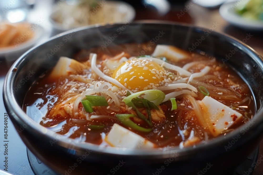 Bowl of soup with a fried egg on top, korean food Bowl of soup with a fried egg on top, korean food