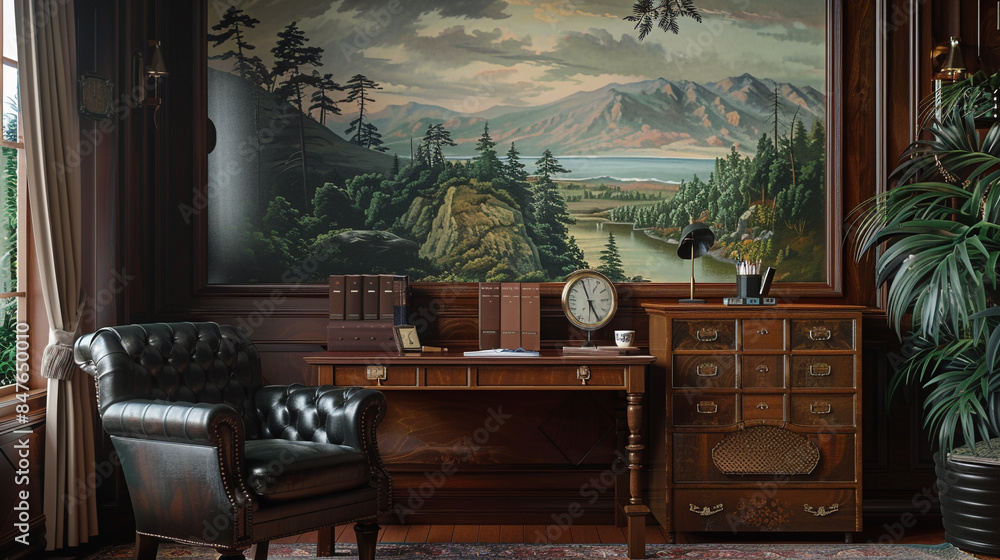 Fototapeta premium A cozy office with a leather chair, wooden desk, and a serene landscape painting,