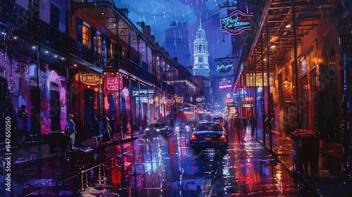 Rain-soaked Bourbon Street in New Orleans after a heavy spring downpour, Colored lights reflecting off the famous street photo