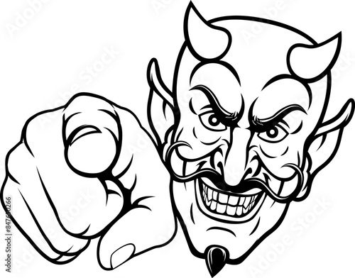 Devil satan mascot cartoon character pointing at the viewer in a needs or wants you gesture