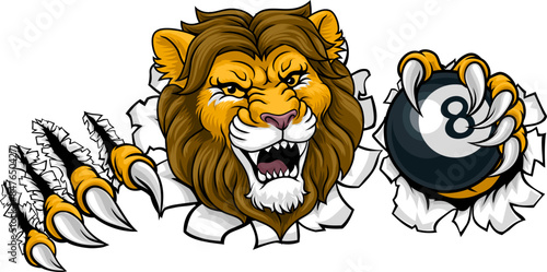 A lion angry mean pool billiards mascot cartoon character holding a black 8 ball.