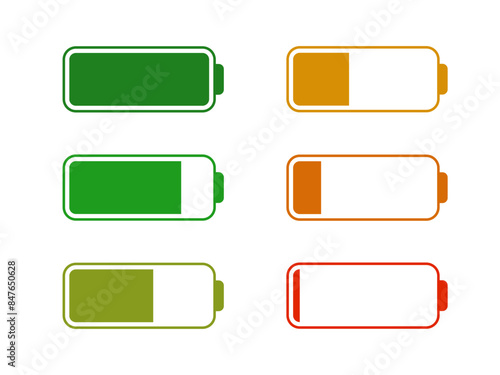 Level battery energy icon set. Powerfully full and power low up status batteries. Energy reusing concept. Alkaline tags. Battery charging point, charge indicator. Mobile plug. Vector illustration.