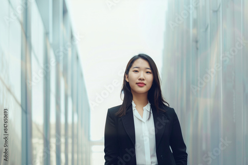 Smiling Asian Office Lady in Office Building Background
