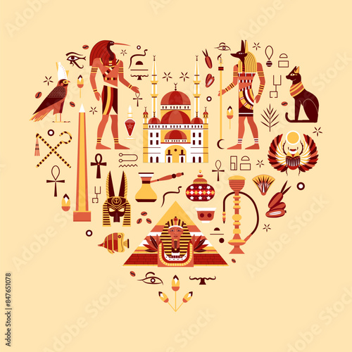 Travel to Egypt Elements Set in Heart Shape