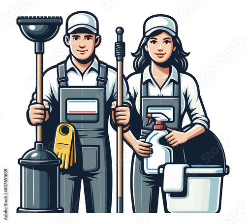 Vector illustration of a male and female janitor in uniform holding cleaning tools and supplies. Ideal for professional cleaning service and janitorial themes.