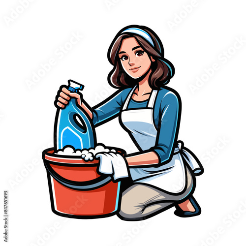 Vector illustration of a woman kneeling with a bucket and detergent, ready for cleaning. Perfect for domestic cleaning and housekeeping themes.