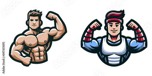 Vector illustration of two muscular characters flexing their biceps. Ideal for fitness, bodybuilding, and strength training themes.