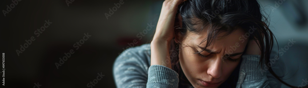 Obraz premium Young woman lost in thought, her somber expression highlighted against dark backdrop, emphasizing a deep sense of melancholy and introspection. Problems with mental health. Copy space.