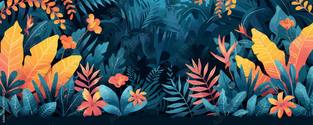 Fototapeta Tropical rainforest with exotic plants and animals Vector flat minimalistic isolated illustration