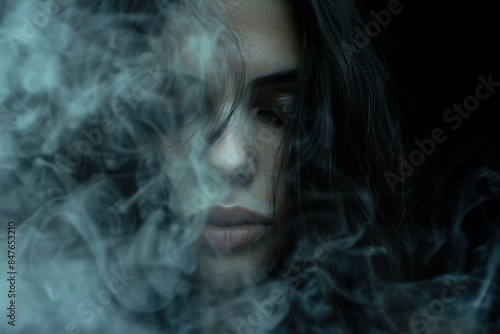 A haunting close-up of a woman enveloped in dark smoke, her expression lost in deep melancholy, reflecting the profound depths of depression in a dramatically lit, somber scene.