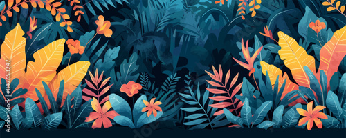 Tropical rainforest with exotic plants and animals Vector flat minimalistic isolated illustration