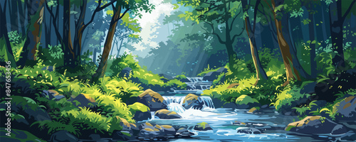 Enchanted forest glen with a babbling brook Vector flat minimalistic isolated illustration