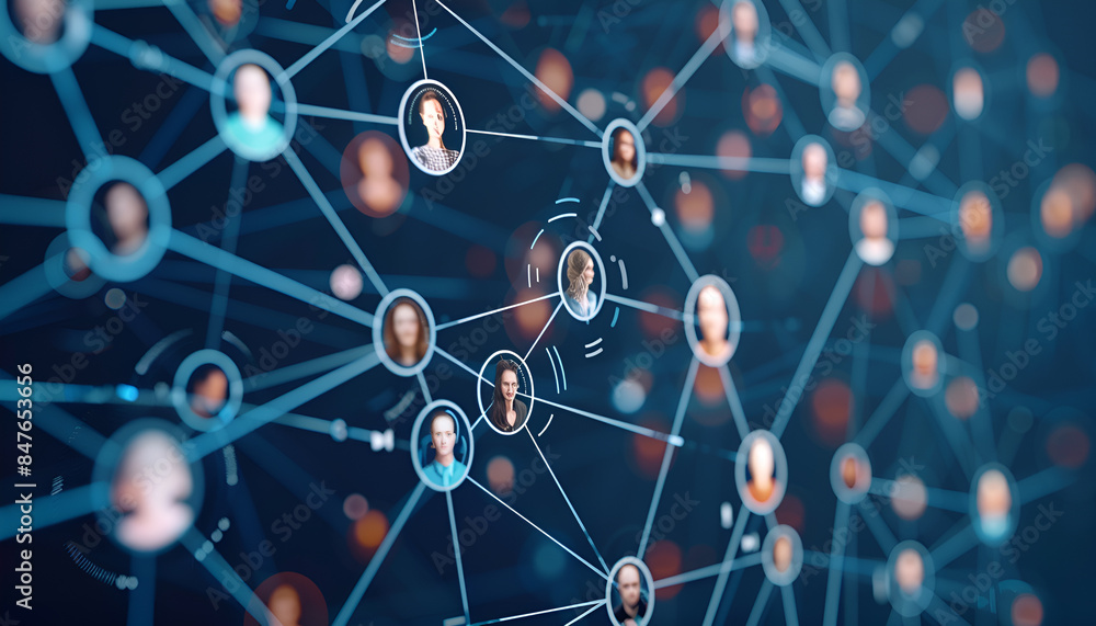 Virtual meeting concept, showcasing network of circles with diverse user connected by digital lines Virtual meeting concept, showcasing network of circles with diverse user connected by digital lines