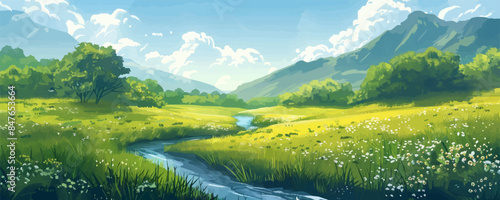 A serene meadow with a gentle stream winding through it. Vector flat minimalistic isolated