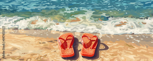 A pair of flip-flops on a sandy beach. Vector flat minimalistic isolated illustration.