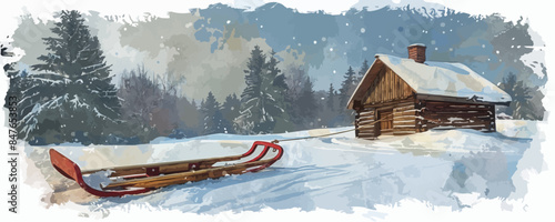 A rustic wooden sled leaning against a snowy cabin. Vector flat minimalistic isolated illustration.