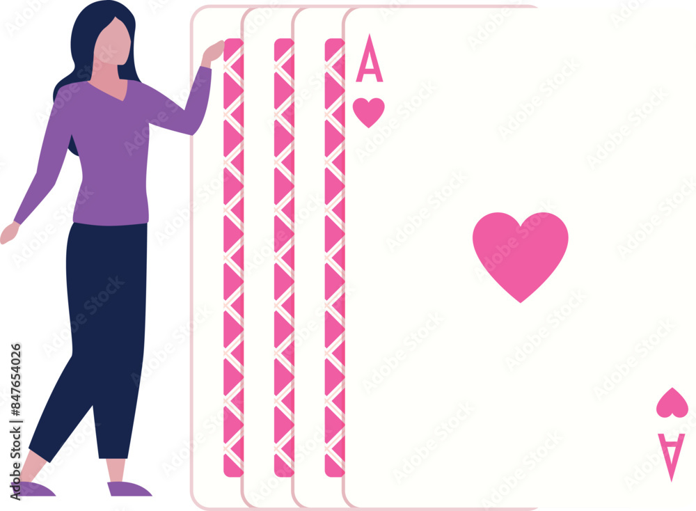 The girl is pointing to the ace card. The girl is pointing to the ace card.