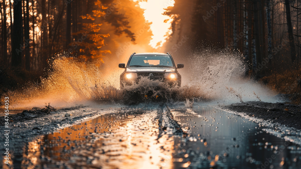 A car drove through a puddle and created a lot of water spray. A car drove through a puddle and created a lot of water spray.