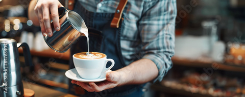 barista is pouring milk into a coffee cup, creating latte art on top of it in an American-style cafe background. With copy space.