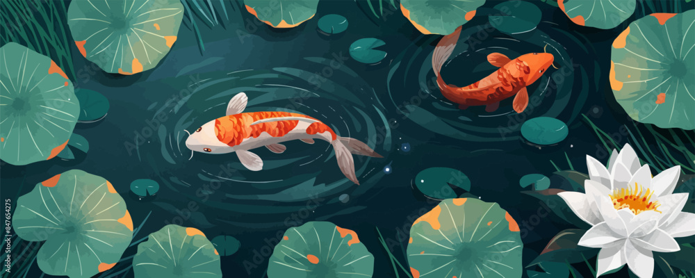 A tranquil garden pond with colorful koi fish and water lilies. Vector flat minimalistic isolated illustration. A tranquil garden pond with colorful koi fish and water lilies. Vector flat minimalistic isolated illustration.