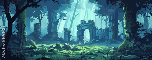 A mystical forest glen with ancient ruins covered in moss. Vector flat minimalistic isolated illustration.