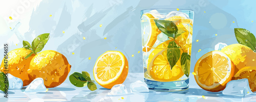 A refreshing glass of lemonade, its icy coolness quenching thirst on a hot day, representing summertime refreshment, resting on a clean white surface. Vector flat minimalistic isolated