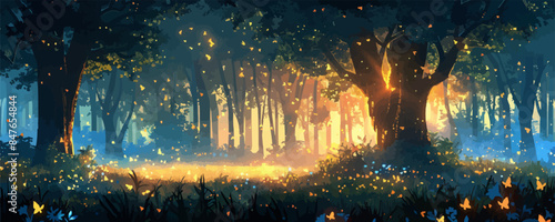 A magical forest glen with sunlight filtering through the trees and fireflies dancing in the air. Vector flat minimalistic isolated