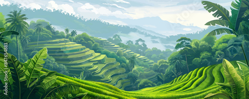 Balinese rice terraces cascading down lush green hillsides. Vector flat minimalistic isolated illustration.