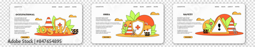 Occupational safety regulations and health inspection. OSHA policy. Government service protecting safety at job. Caution regulation document for trauma prevention. Vector landing page concept.