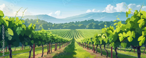 Tranquil countryside vineyard with rows of grapevines. Vector flat minimalistic isolated illustration.