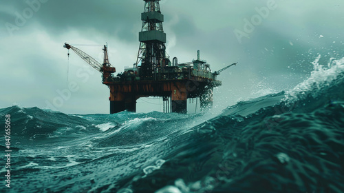 A massive oil and gas production platform stands tall in the ocean, bracing against turbulent waves