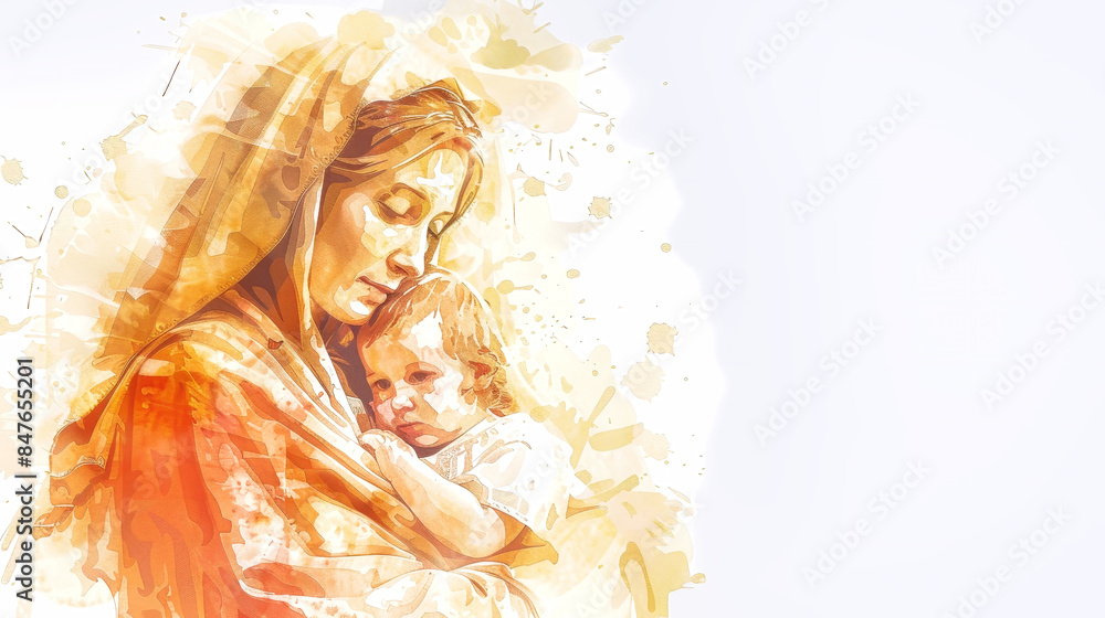 A watercolor painting depicting the Virgin Mary holding the Christ child, their faces close together in a tender embrace A watercolor painting depicting the Virgin Mary holding the Christ child, their faces close together in a tender embrace