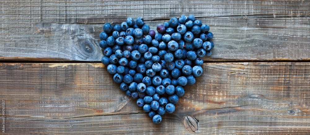 Heart-shaped blueberry arrangement on wooden surface Heart-shaped blueberry arrangement on wooden surface