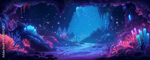 A mystical underwater grotto with bioluminescent creatures and coral formations. Vector flat minimalistic isolated illustration.